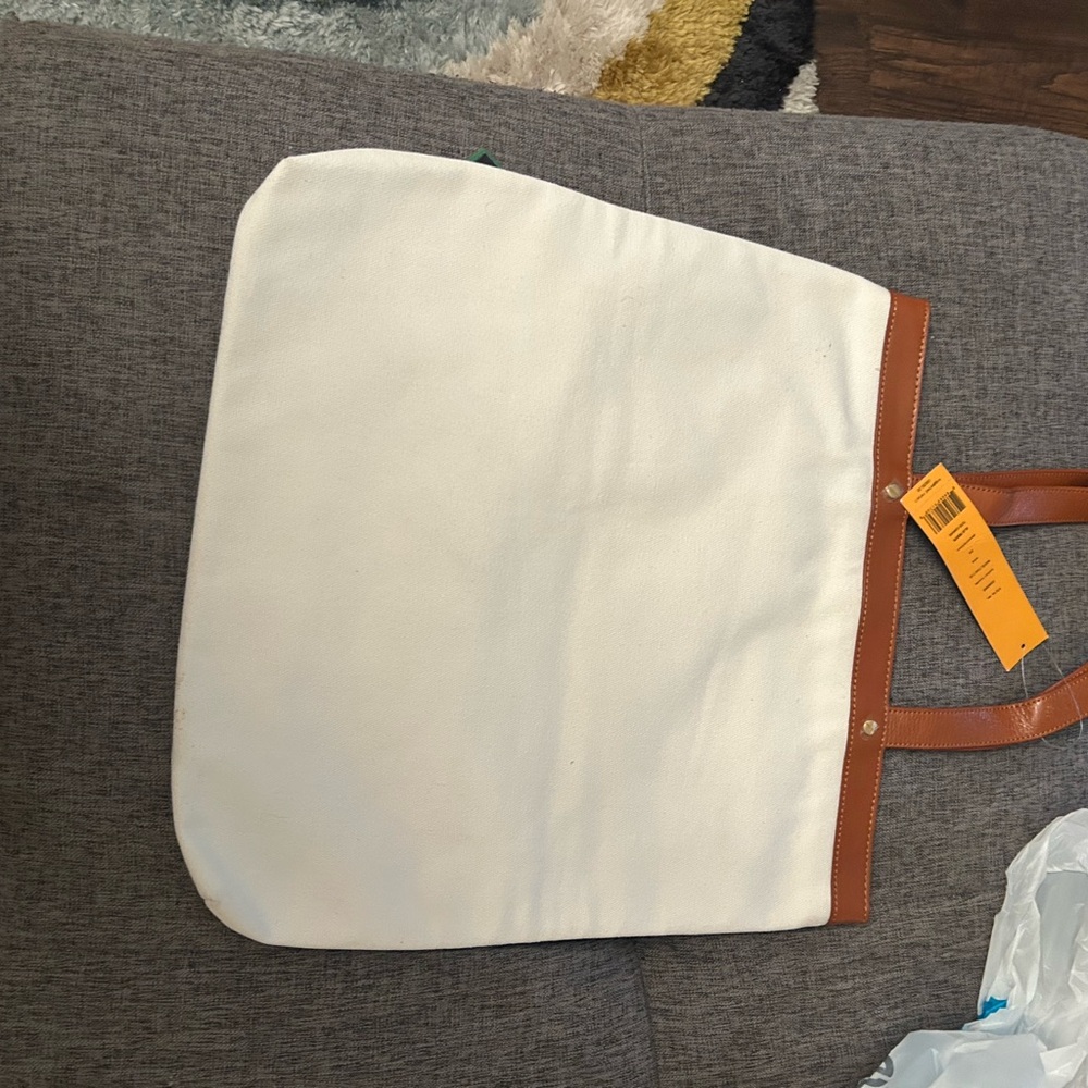 Stylish White and Brown Tory Burch Tote Bag with Ribbon Accents - Picture 4 of 4